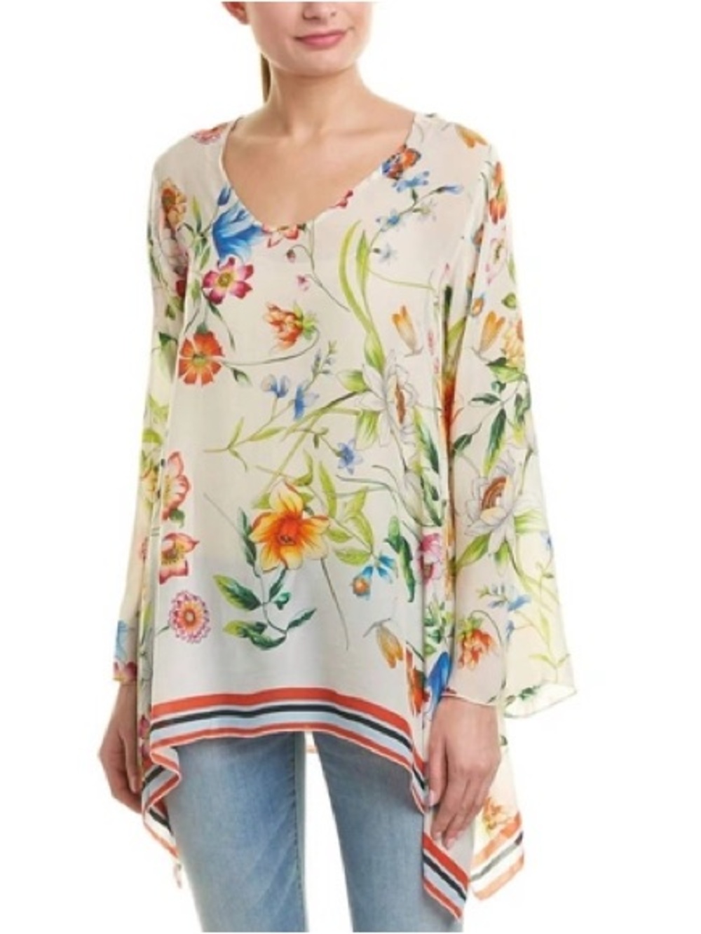 Johnny Was Cream Floral V-Neck Flowing Tunic with Blue and Orange Accents